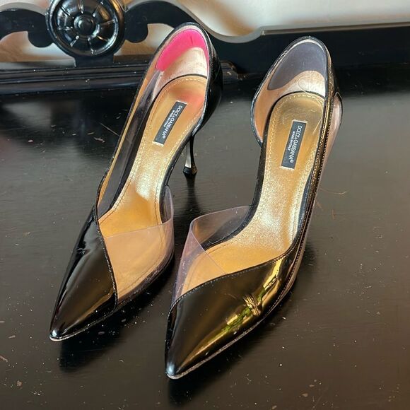 90s Dolce & Gabbana Black Patent Leather & Clear Cutout Heels - Picture 1 of 14